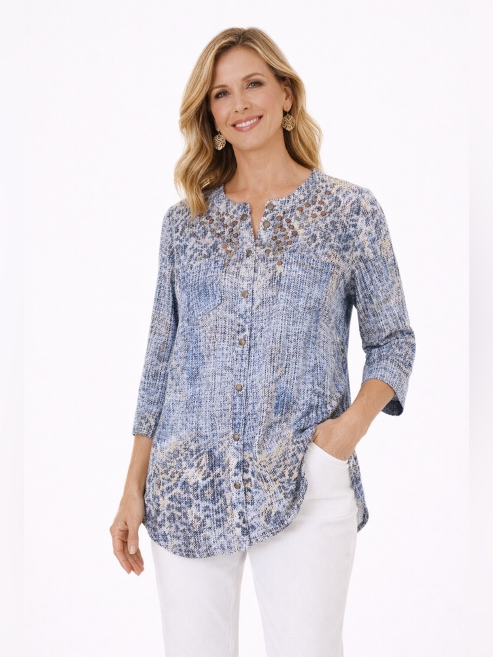 NWT Chico's Snap Front Faux Denim Studded Duster Jacket Large Blue Animal Print